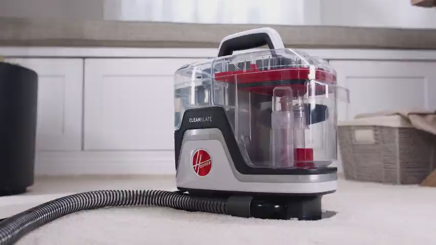 Load video: Hoover's best spot cleaner is shown cleaning multiple surfaces and multiple messes displaying its versatility, portability, extended battery life and quiet design. 