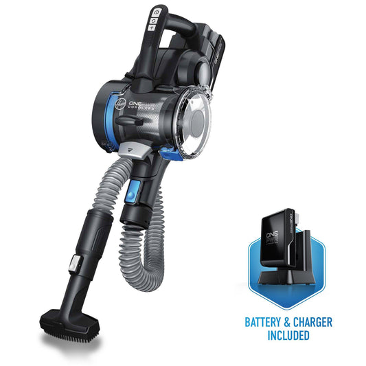 Handheld cordless vacuum cleaner with flexible hose attachment and controls on the handle, featuring battery and charger included.