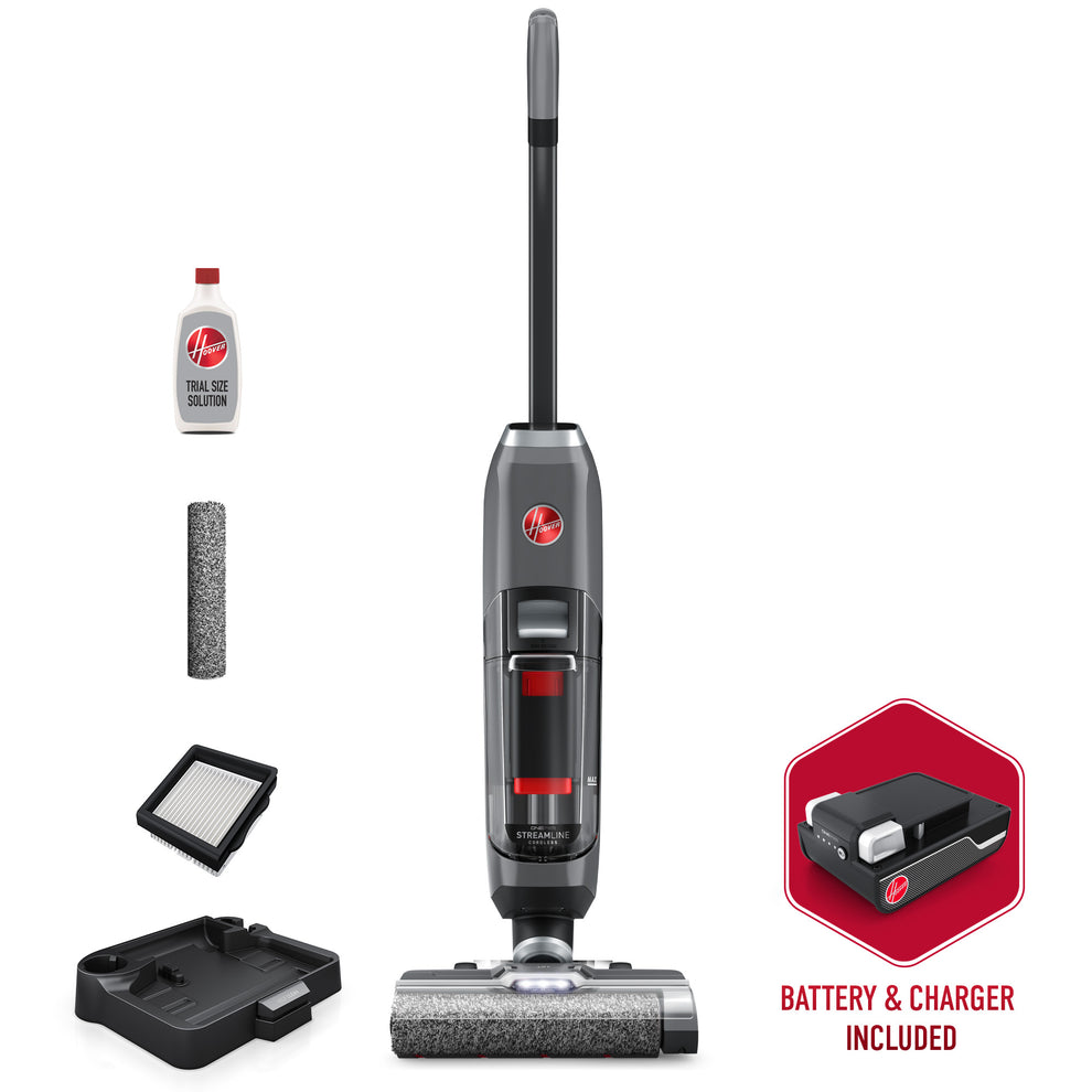 Hoover ONEPWR streamline cordless hard floor wet dry vacuum with boost mode is shown on a white background next to the included products - 1 trial sized solution, 2 microfiber brush rolls, 2 filters, battery and charger and 1 4Ah battery.