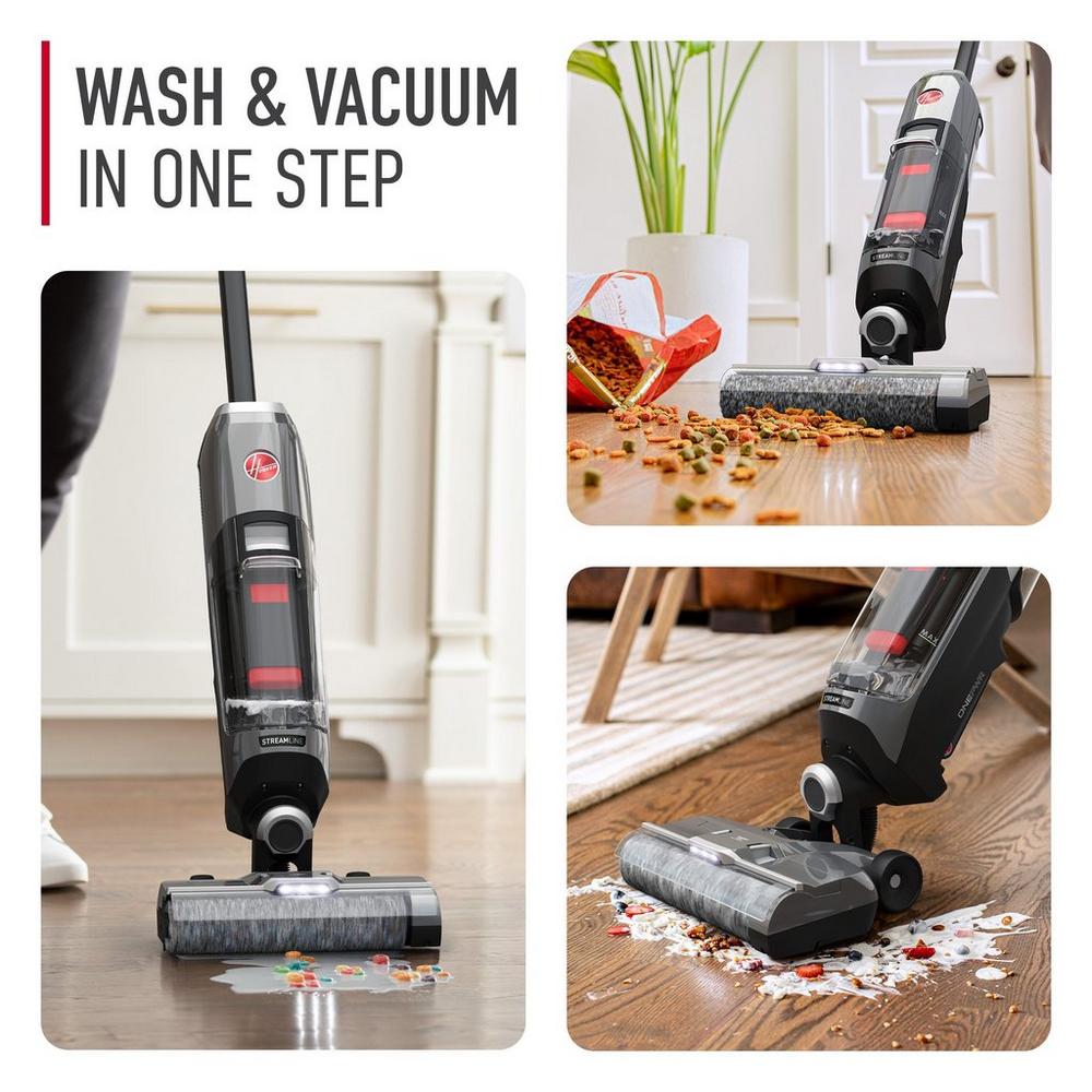 Collage showing the onepwr streamline in action cleaning spilled cereal on hard floors, spilled pet food on hard floors and spilled yogurt and fruit on hard floors.  This wet dry vacuum washes and vacuums in one step.
