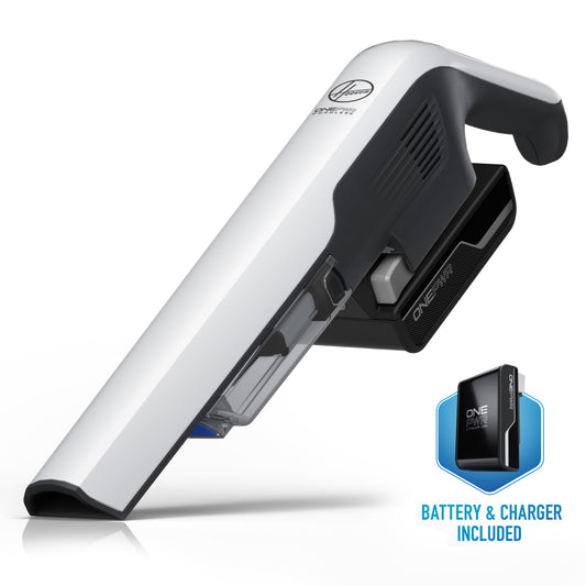 Side view of a Hoover handheld vacuum cleaner with a sleek white design, featuring a ONEPWR lithium-ion battery attached at the back, highlighting its portability.  Battery and charger are included.