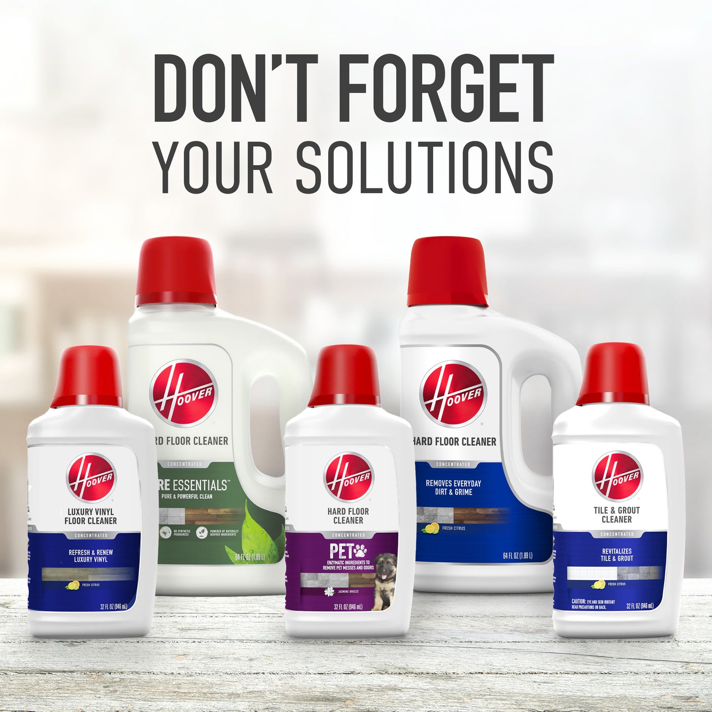 Assortment of Hoover floor cleaning solutions, including Luxury vinyl, Pure essentials, pet hard floor, and tile & grout cleaners, emphasizing comprehensive care for various surfaces.