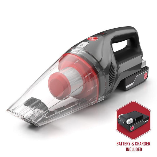 Compact and portable handheld ONEPWR hand vacuum being shown on a white background, highlighting its transparent dustbin, ergonomic handle, and high efficiency filtration system.  The battery and charger that are shown next to the vacuum are included for extended clean time and convenient use. 