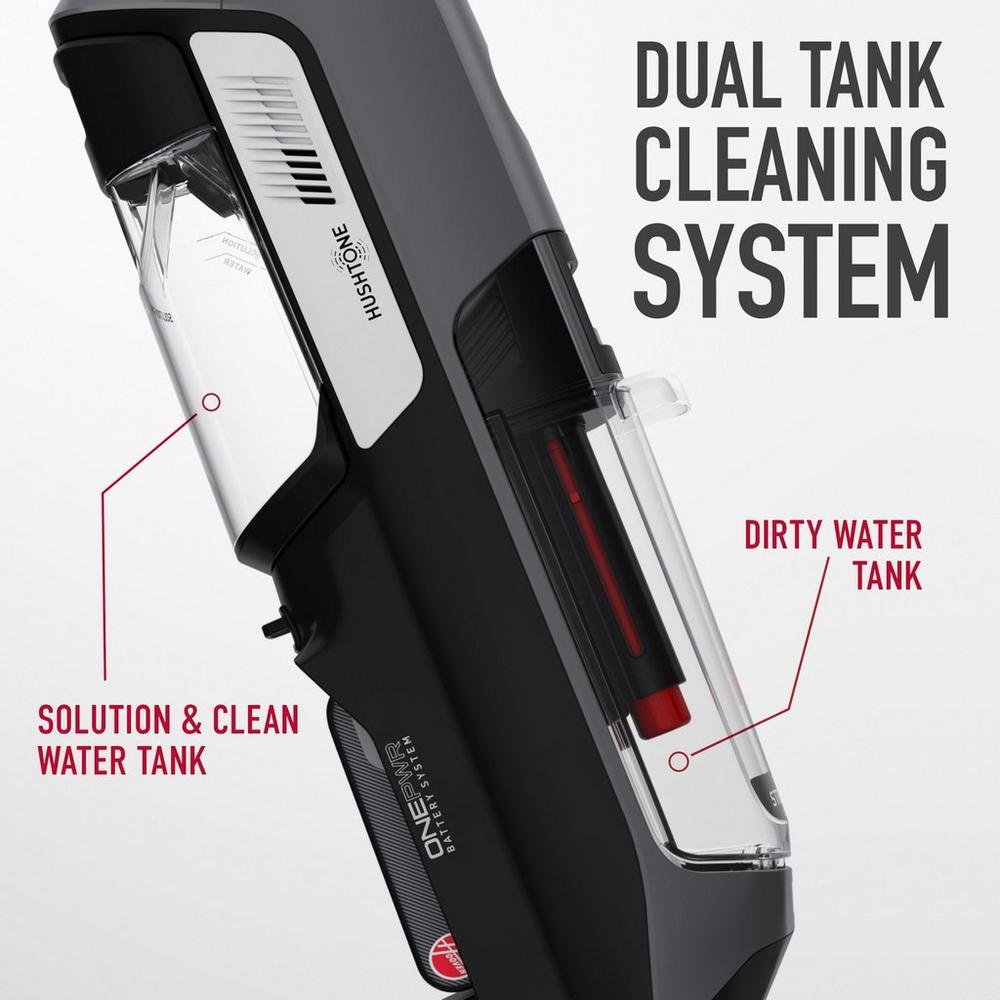 Close up of the hoover cordless stick vacuum cleaner dual tank cleaning system, featuring separate solution and clean water tank and dirty water tank for efficient cleaning.   