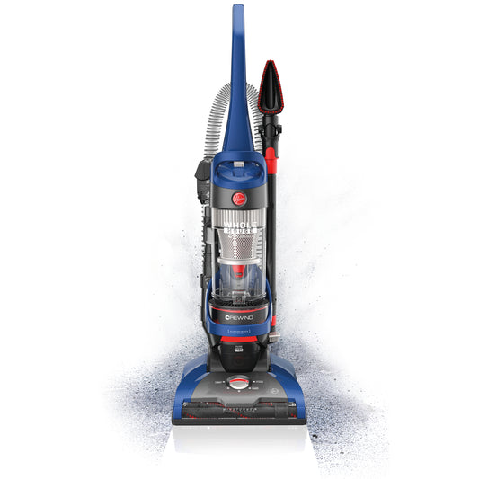 Front facing Hoover Windtunnel 2 whole house rewind upright vacuum on a white background.
