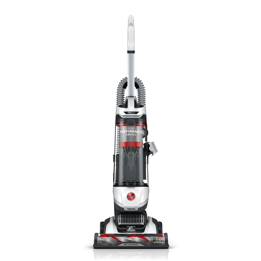 Front facing view of the Hoover High performance swivel vacuum cleaner, featuring a powerful deep clean brush, easy-to-maneuver swivel design and high-performance suction for efficient cleaning.  