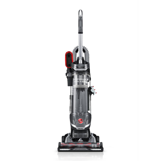 Front view of the Hoover windtunnel high performance swivel xl pet vacuum cleaner, which features a clear dustbin, a swivel head for easy maneuverability, and attachments for versatile cleaning.